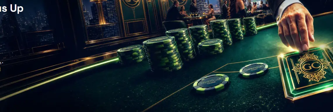 Gaming Club table scene: stacked green club chips and a gold club card on felt
